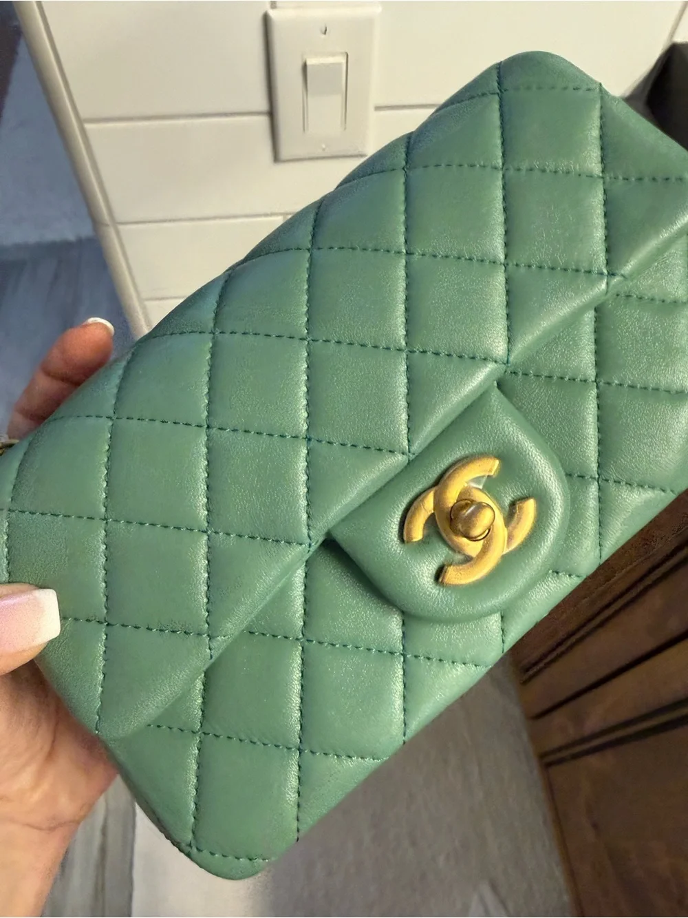 CHANEL Quilted Mint Green Lambskin Shoulder Bag with Gold Hardware